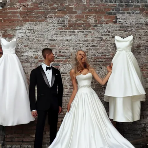 Image similar to a papier collé of wedding dresses and tuxedos