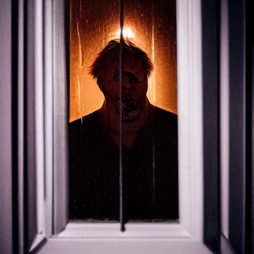 Image similar to photo of the inside of a dark old rainy bedroom window at night, dimly lit creepy | screaming face of boris johnson staring in through the window, bloody hands, horror, scary face, demonic face,