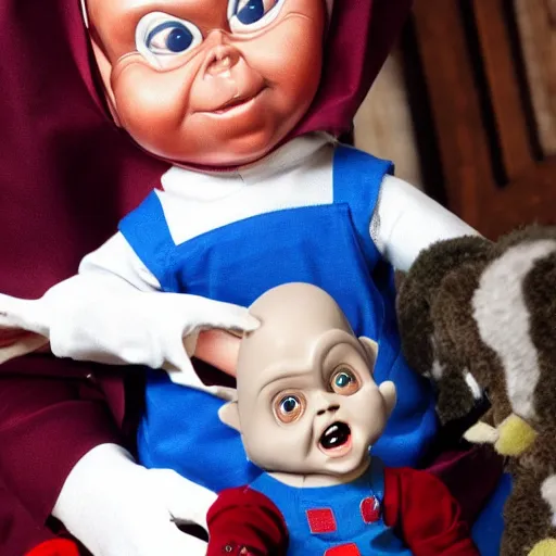 Image similar to a nun in church holding chucky the evil killer doll on her lap