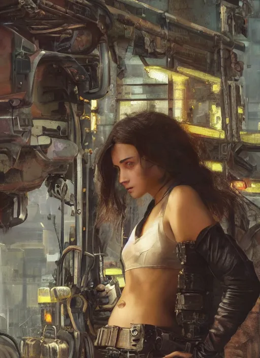 Prompt: Cyberpunk mechanic (blade runner 2049, cyberpunk 2077). Orientalist portrait by john william waterhouse and James Gurney and Theodore Ralli and Nasreddine Dinet, oil on canvas. Cinematic, hyper realism, realistic proportions, dramatic lighting, high detail 4k