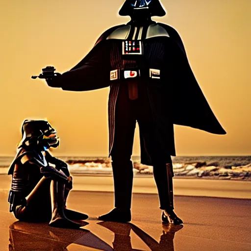 Prompt: beautiful serene intricate portrait of darth vader and darth vader taking a selfie, relaxing on the beach, golden hour, soft focus, 8 k, art by irakli nadar, hyperrealism, hyperdetailed, ultra realistic