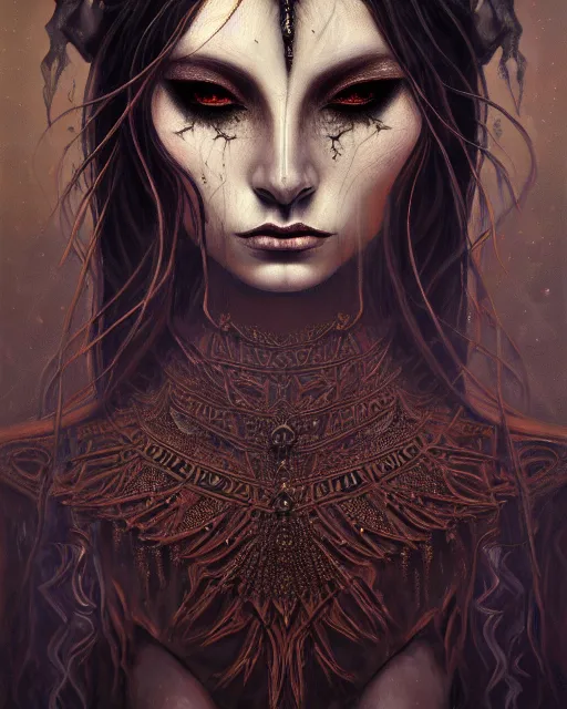 Prompt: painting of a dark ritual, enigmatic beauty, esoteric, muted colors, head in focus, fantasy art, ornamental aesthetics, intricate, elegant, highly detailed hyperrealistic painting, artstation, concept art, painterly, sharp focus, illustration, art by lois royoi