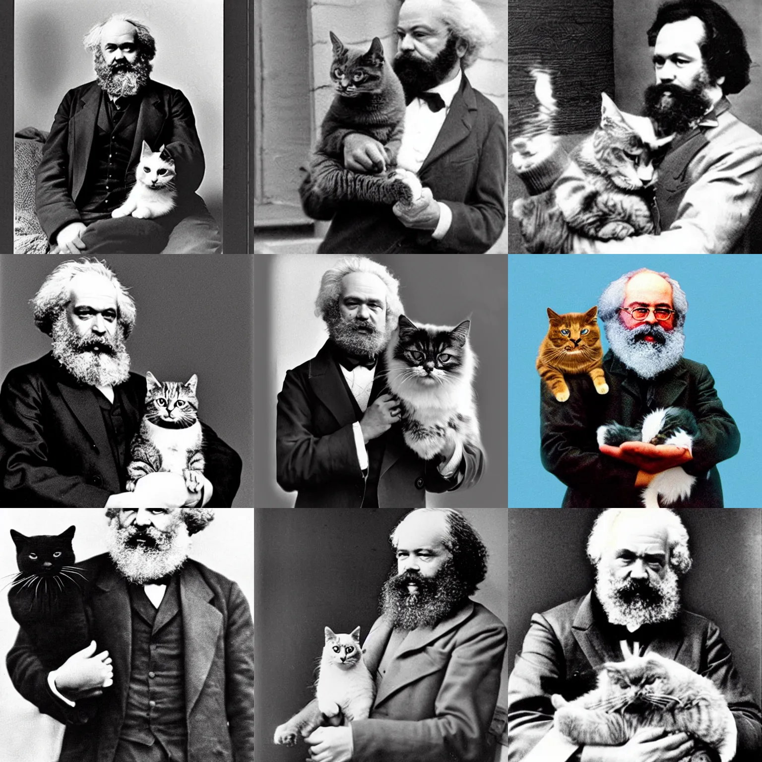 Prompt: karl marx holding a cat that looks like bernie sanders