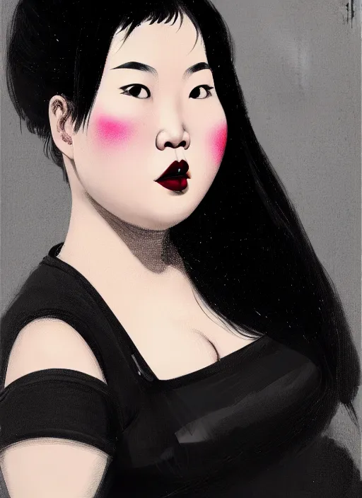 Image similar to portrait of a plump asian woman with a crooked nose and a confident expression, 1 9 6 0 s, black clothes, goth, punk, brightly coloured hair, funk, intricate, elegant, highly detailed, digital painting, artstation, concept art, smooth, sharp focus, illustration, art by wlop, mars ravelo and greg rutkowski