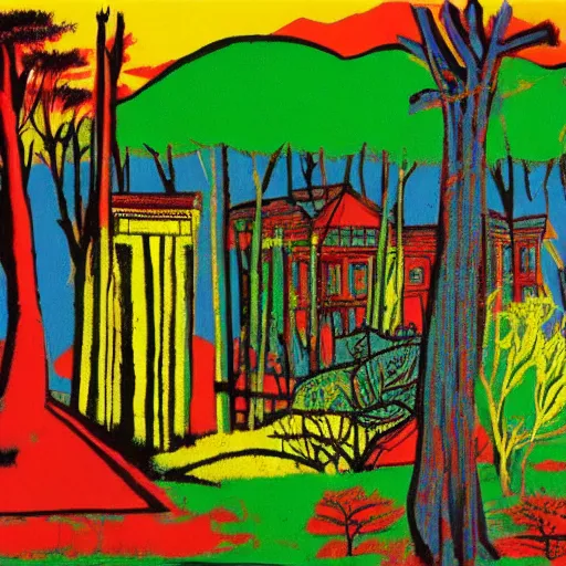 Image similar to an ancient village in a magical forest, painting by andy warhol