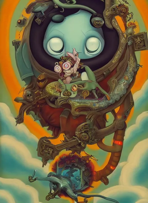 Image similar to pop surrealism, lowbrow art, psychic tandem flying war elephant, adventure time, natalie shau, loreta lux, tom bagshaw, mark ryden, trevor brown style,