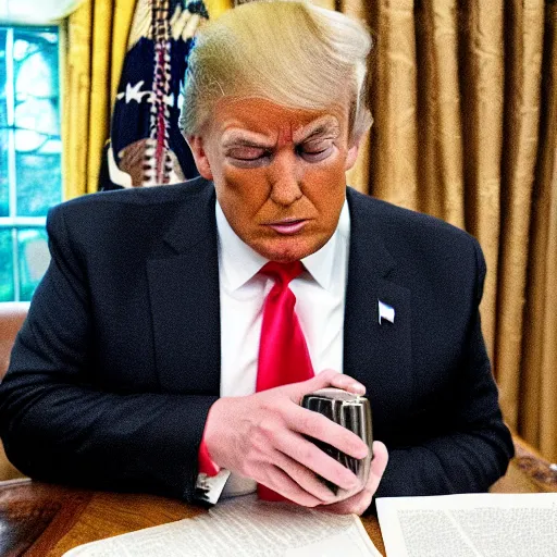 Prompt: Trump drinking out of a hipflask in the Oval Office, newspaper picture, pulitzer-prized photo