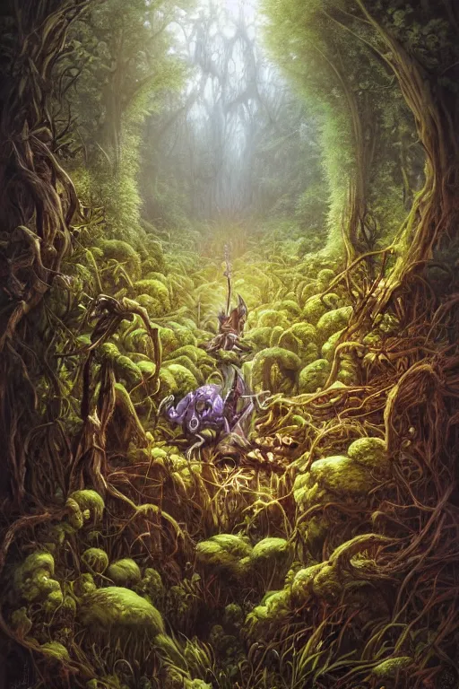 Image similar to the onions of the forest heath,art by Rodney Matthews,trending on artstation, toxic lighting high angle view,film poster,world of warcraft ,hyperrealism ,impressionism ,final,