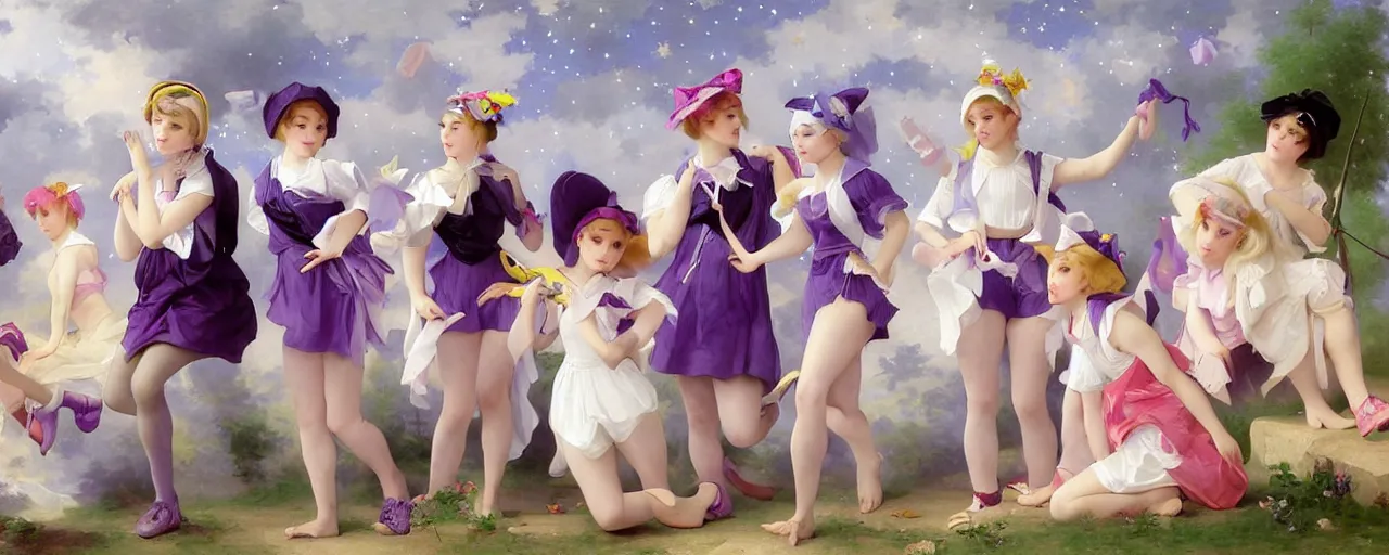 Image similar to A character sheet of full body cute magical girls with short blond hair wearing an oversized purple Beret, Purple overall shorts, Short Puffy pants made of silk, pointy jester shoes, a big billowy scarf, and white leggings. Rainbow accessories all over. Flowing fabric. Covered in stars. Short Hair. Art by Johannes Helgeson and william-adolphe bouguereau and Paul Delaroche and Alexandre Cabanel and Lawrence Alma-Tadema and WLOP and Artgerm. Fashion Photography. Decora Fashion. harajuku street fashion. Kawaii Design. Intricate, elegant, Highly Detailed. Smooth, Sharp Focus, Illustration Photo real. realistic. Hyper Realistic. Sunlit. Moonlight. Dreamlike. Fantasy Concept Art. Surrounded by clouds. 4K. UHD. Denoise.