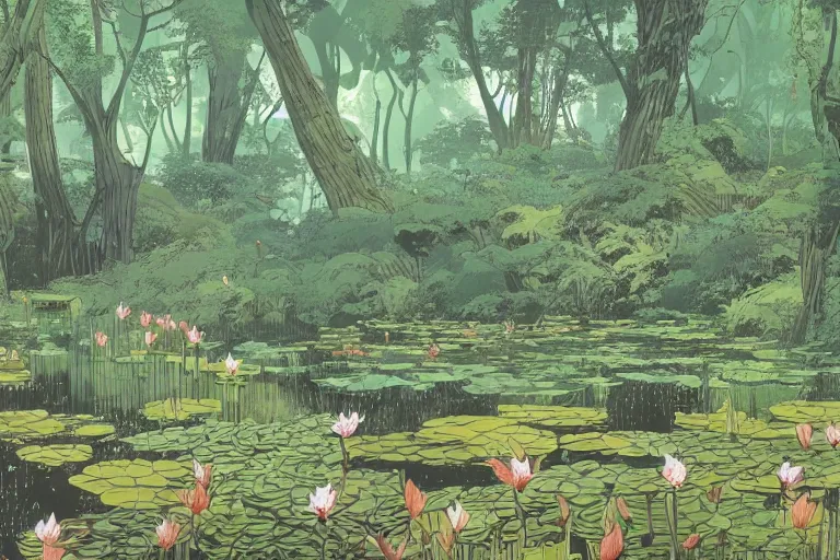 Prompt: a forest and the lily pond, that looks like it is from Borderlands and by Feng Zhu and Loish and Laurie Greasley, Victo Ngai, Andreas Rocha, John Harris