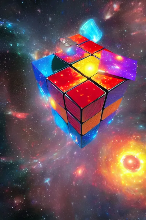 Prompt: cosmic parallel universe rubik's cube tesseract with wormholes, energy and galaxies around it. epic, dramatic, cinematic, digital art, octane render, blender, 8 k, hyperrealistic, trending on artstation