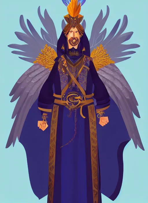 Image similar to male warlock with the head of a hawk, wind magic, blue robes, exquisite details, full body character design, white background, by studio muti