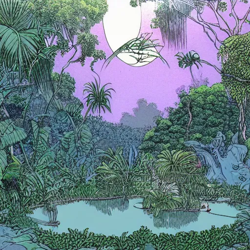 Image similar to a pond in a lush jungle, drawing by moebius