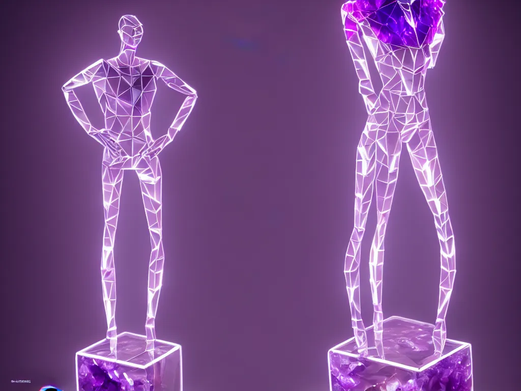 Image similar to beautiful mannequin sculpted out of amethyst by billelis + lit with purple 3 d geometric neon + chrome geometric cubed bonsai plants!!!!, doorway opening with neon pink geometric light, clean linework, dramatic, finely detailed, rule of thirds, moody, confident, award winning, 4 k, trending on artstation, photorealistic, volumetric lighting, octane render