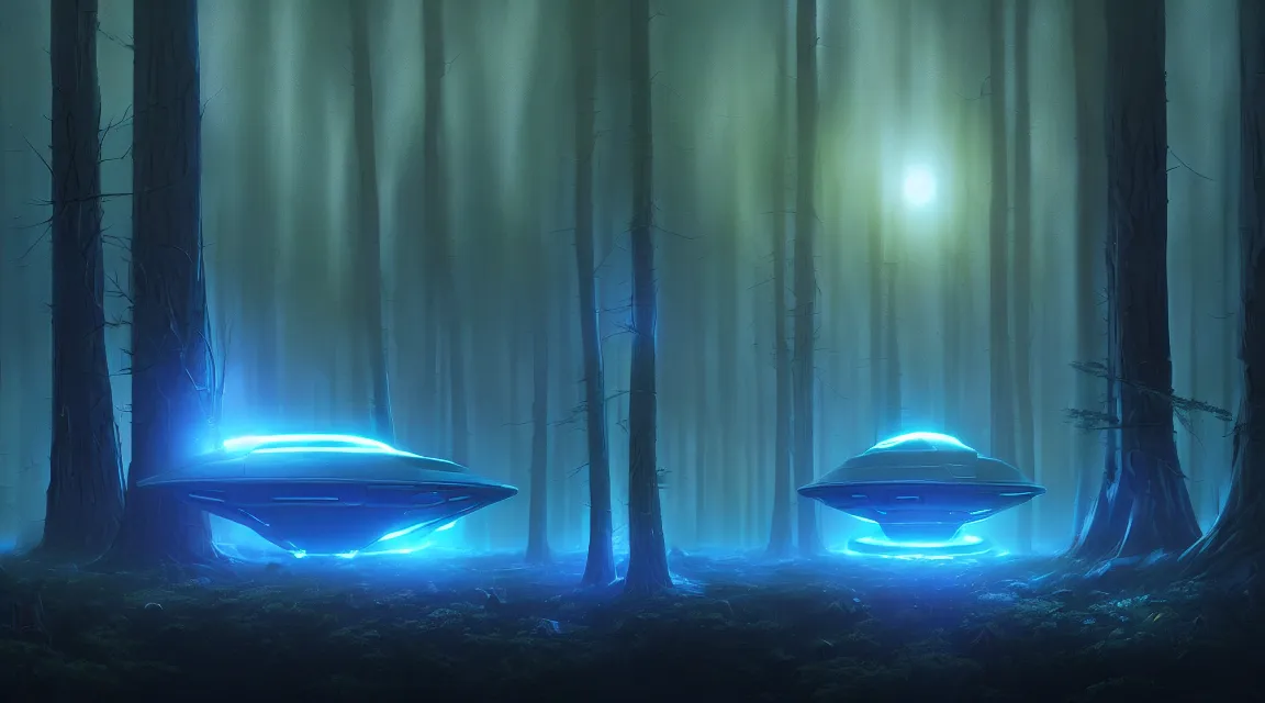 Prompt: matte painting alien spaceship in clearing in forest at night. forest is lit by eerie blue glow. ufo. digital painting. beeple. noah bradley. cyril roland. will o the wisp. trending on artstation.