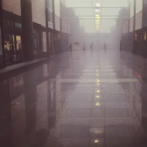 Image similar to Beautiful cameraphone 2000s, soft liminal Photograph of foggy mall with water on the floor plants growing