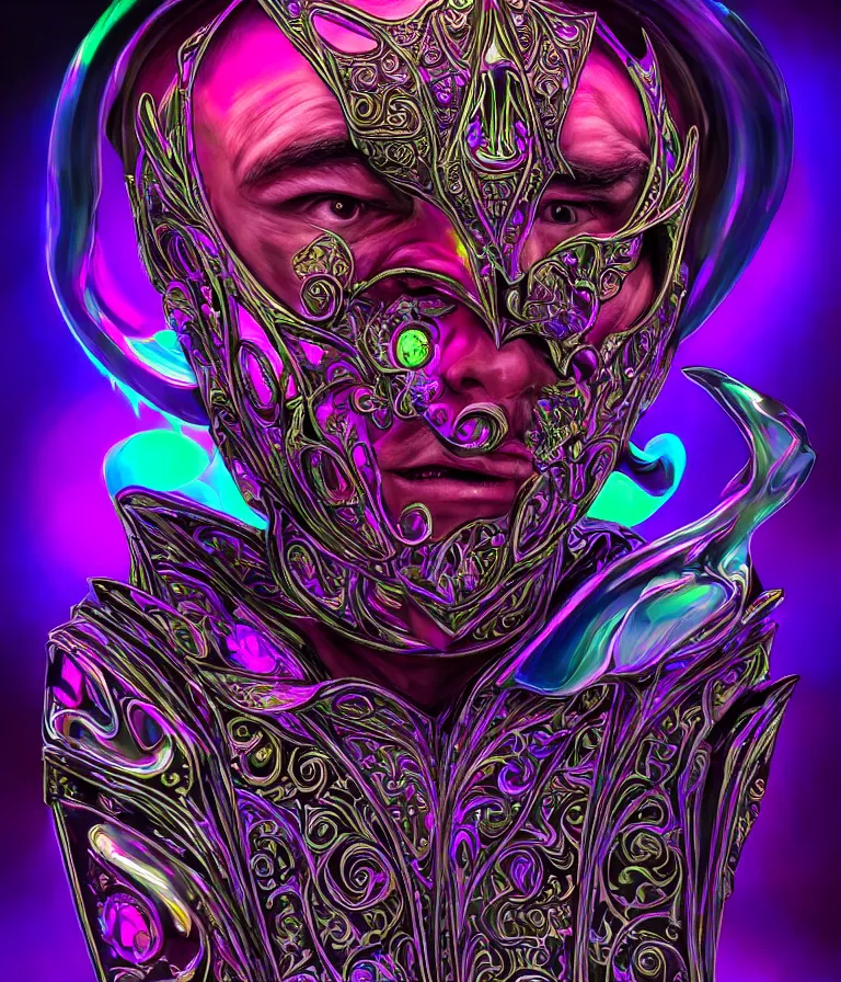 Image similar to front!!! shot of a court jester!!! character, hyperdimensional, bioluminescent hypercubes, dark holography!!!, sunset psychedelic, chrome, (((intricate))), elegant, highly detailed, centered, (((artstation, concept art, smooth, sharp focus, artgerm, Tomasz Alen Kopera, Peter Mohrbacher, donato giancola, Joseph Christian Leyendecker, WLOP, Boris Vallejo))), mugshot!!!!!, ugly!!!!!!, octane render, nvidia raytracing demo, octane render, nvidia raytracing demo, octane render, nvidia raytracing demo, grainy, muted, 8K, digitalblasphemy, metatron