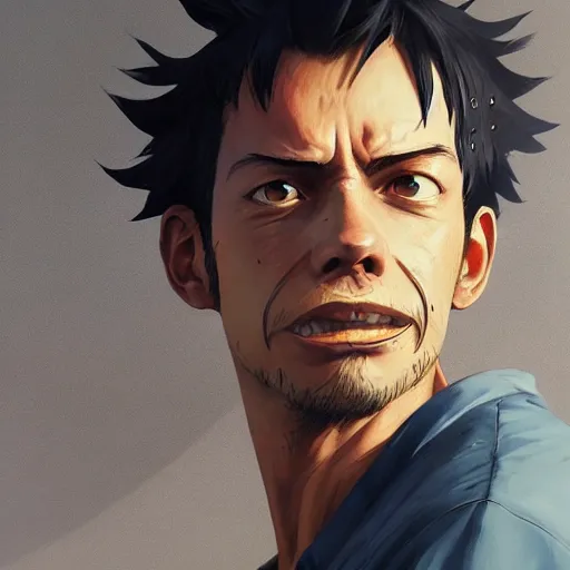 Image similar to highly detailed portrait luffy in gta v, stephen bliss, unreal engine, fantasy art by greg rutkowski, loish, rhads, ferdinand knab, makoto shinkai and lois van baarle, ilya kuvshinov, rossdraws, tom bagshaw, global illumination, radiant light, detailed and intricate environment