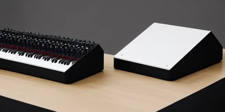 Prompt: dezeen showroom , minimalissimo, archdaily, ignant, teenage engineering moad, mother of all decks, product design concept, product shot of moog melotron synthesizer made by jony ives , dieter rams, 8k, high detailed photo