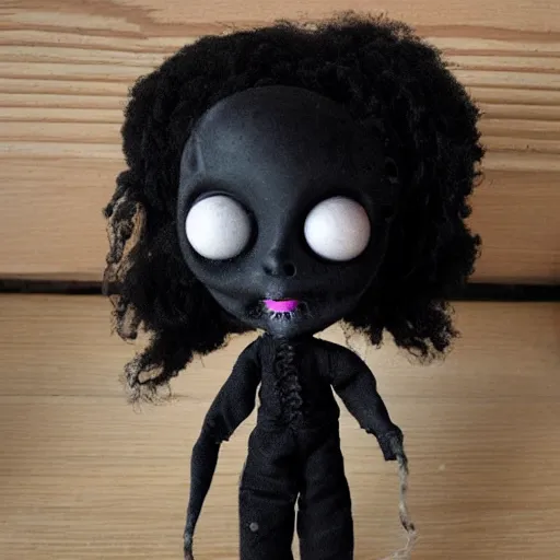 Image similar to creepy doll cursed witchcraft black eyes toy Lovecraftian dark blackness simple doll