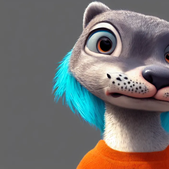 Prompt: portrait of a gray otter with turquoise hair and orange nose in the style of zootopia. volumetric lighting, subsurface scattering, hyperrealistic, octane render, hyperdetailed