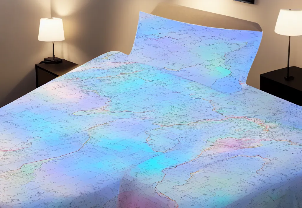 Image similar to curved translucent bedsheets with detailed florida storm weathermap, pixel perfect photograph, high contrast, volumetric lighting, thin glowing lights, bedroom, visor, users, pair of keycards on table