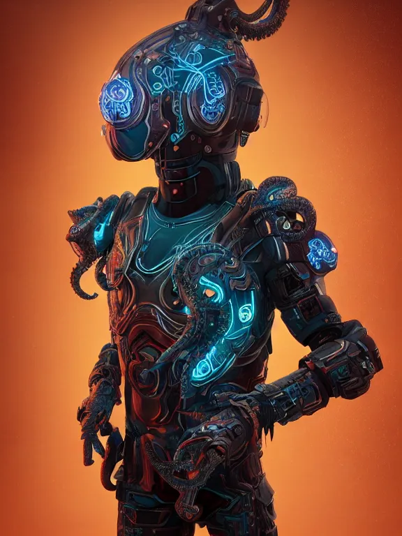 Prompt: full body frontview portrait of single warrior with cyberpunk octopus armour, character design, designed in blender, 4 k hd, octane render, intricate and highly detailed, coloured with lots of colour, cinematic, pose,