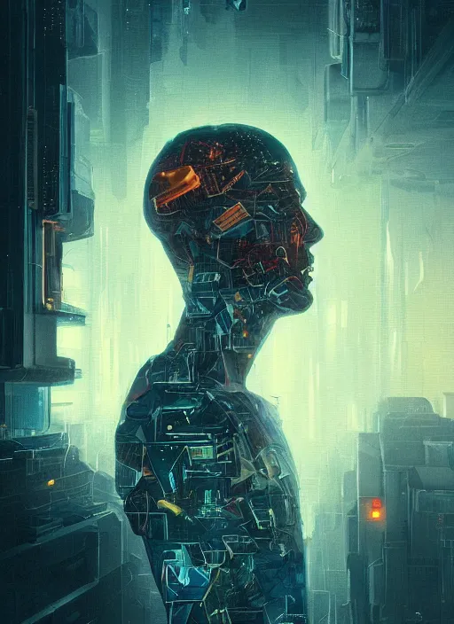 Image similar to a painting of a man grasping his head as it disintegrates into fragments, cyberpunk art by mike winkelmann, cgsociety, dystopian art, sci - fi