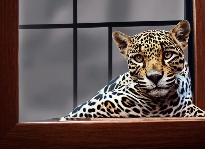 Image similar to photography of a Jaguar Cat . watching outside the window. on a bed. in a 70's room full of vinyls and posters, photorealistic, award winning photo, 100mm, sharp, high res