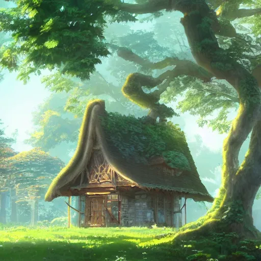 Image similar to beautiful house on a forest path, beautiful ancient trees, hiding large treasure chest, serene evening atmosphere, soft lens, soft light, cel - shading, animation, in the style of cgsociety, deviantart, artstation, zbrush, cinema 4 d, studio ghibli, akihiko yoshida, atelier lulua, masamune shirow, mcbess