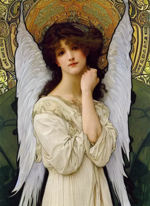 Image similar to painting of a beautifully robed angel with huge white feather wings, intricate, elegant, hyperdetailed, by alphonse mucha and william - adolphe bouguereau and john william waterhouse