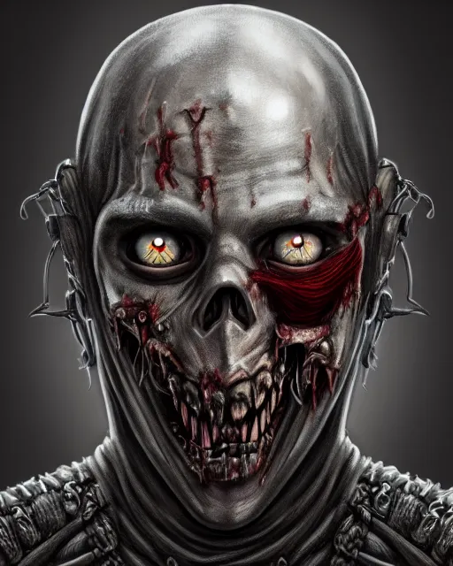 Image similar to portrait of a symmetric detailed zombie in realistic detailed medieval armor, ultra realistic, epic, highly detailed, hd, sharp focus, cinematic lighting, realistic, vivid colors, gritty, dreary, morose, morbid, fleshy, matt painting, digital art, non blurry, sharp, artstation, concept art, smooth, illustration