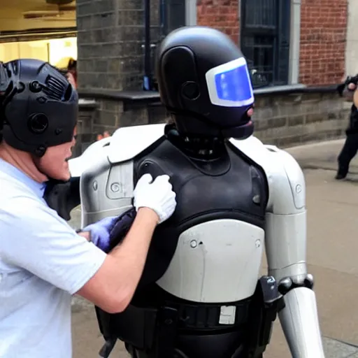 Image similar to robocop arresting british person, detailed facial expression