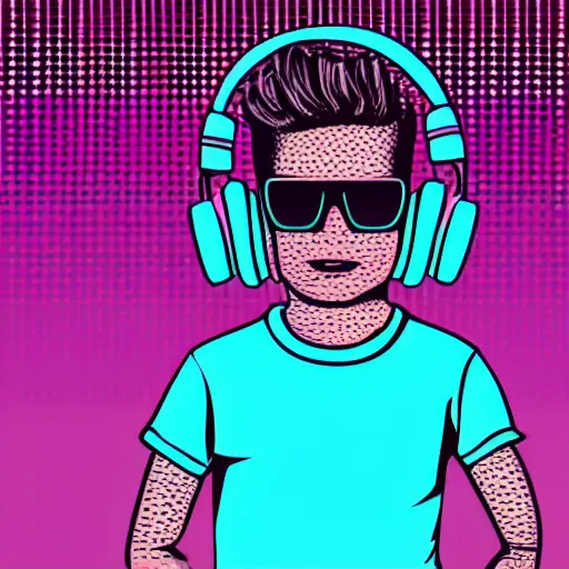 Prompt: a closeup of a boy with headphones and sunglasses in retro colors, synthwave style, 2 d digital vector art