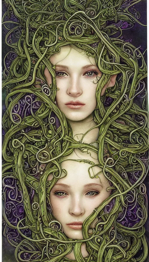 Prompt: very detailed portrait of a 2 0 years old girl surrounded by tentacles, the youg woman visage is blooming from fractal and vines, by brian froud