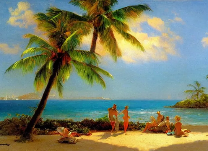 Image similar to a beautiful tropical beach with palm trees by alexander averin and delphin enjolras