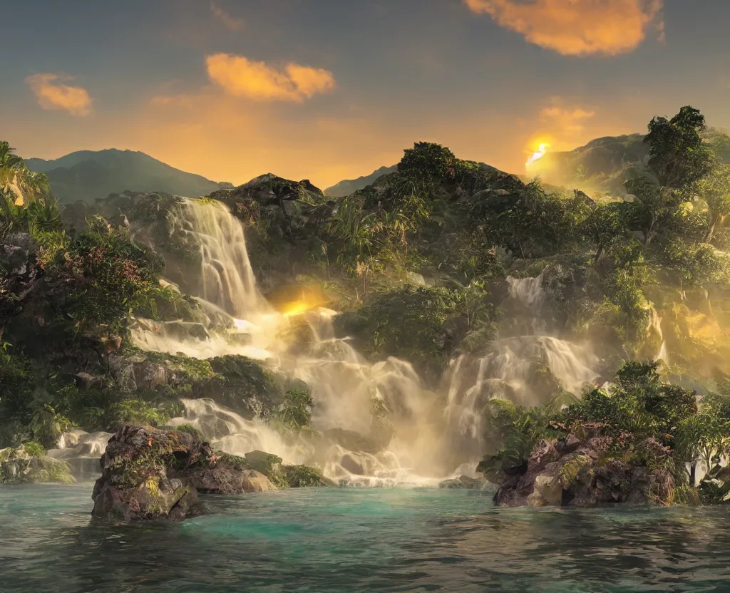 Image similar to a low-poly render of a big purple hand holding the orange setting sun on the ocean horizon. a green tinted transparent beckoning lady in front of a waterfall. a cream colored abandoned building featuring two statues and pitch black periphery. a prehistoric jungle scene with a mountain in the background.