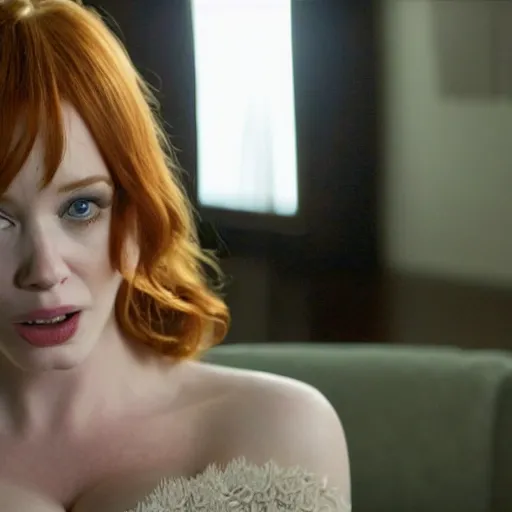 Image similar to a very surprised looking beautiful Christina Hendricks r in the living room, film still from the movie directed by Denis Villeneuve , wide lens