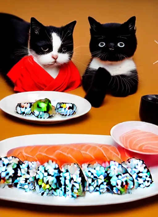 Image similar to clear photograph of cute cats eating sushi from sushi plates