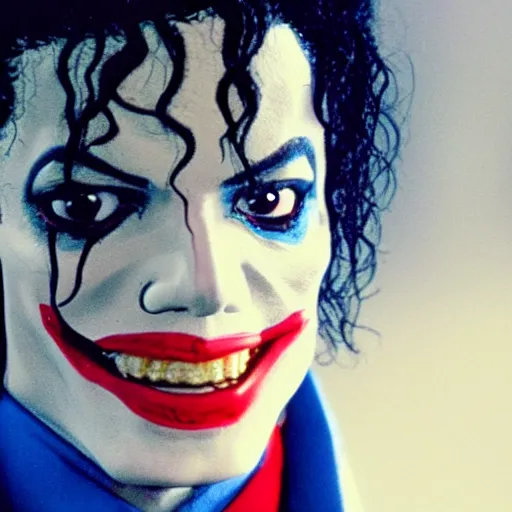 Prompt: a film still of Michael Jackson starring as The Joker, 40mm lens, shallow depth of field, split lighting, cinematic