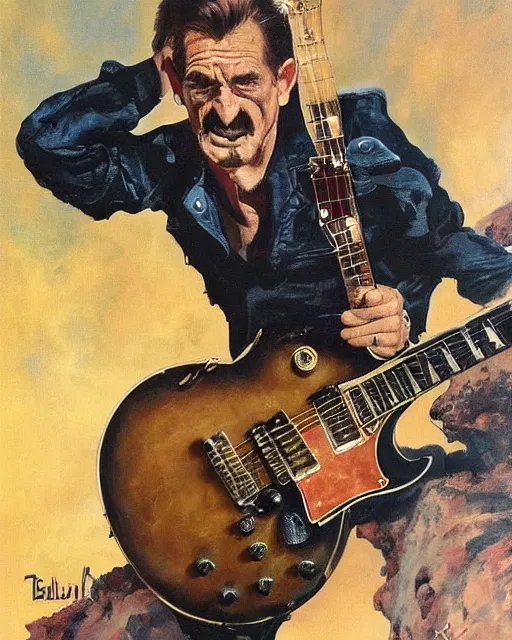 Image similar to Barry Chuckle ripping a solo on a Gibson Les Paul, heavy metal artwork by Frank Frazetta