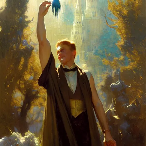 Image similar to stunning male master wizard casting float spell, highly detailed painting by gaston bussiere, craig mullins, j. c. leyendecker, 8 k