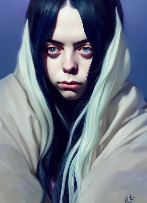 Image similar to Overlord Billie Eilish, highly detailed, digital painting, artstation, concept art, sharp focus, illustration, art by wlop and J. C. Leyendecker and Edmund Bliar Leighton and Charlie Bowater