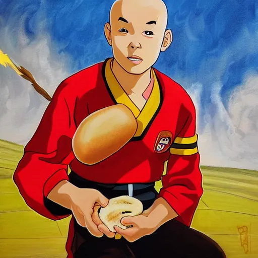 Image similar to a painting portrait of last airbender in an arsenal jersey eating a hot dog,