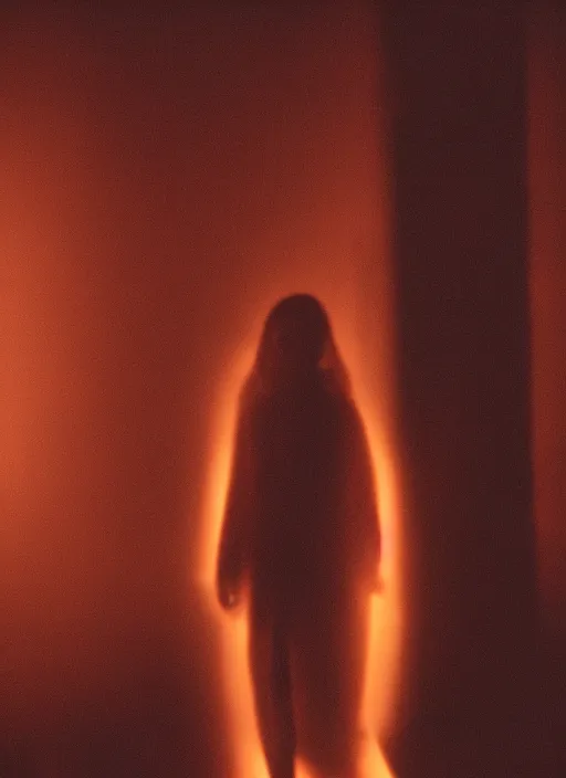 Prompt: a dark female silhouette, glowing translucent aura, fog, film grain