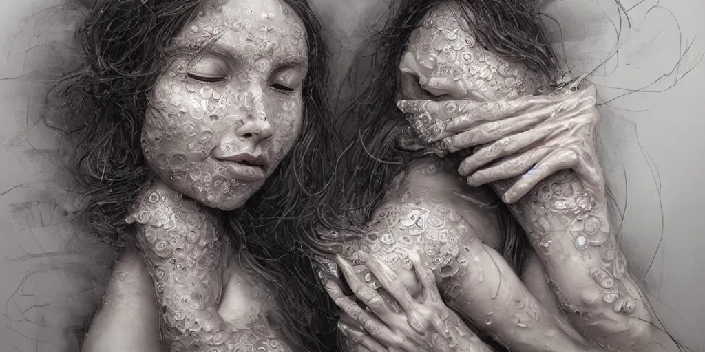 Image similar to hyperrealistic photography of a highly intricate, stunning cyborg female, elbow, armpit, knee, intimate, hands holding in the style of beth cavener, jin kagetsu, chuck close, and wlop, highly detailed, face, eyes closed, symmetry, masterpiece, award - winning, sharp focus, concept art, ambient lighting, 8 k, artstation
