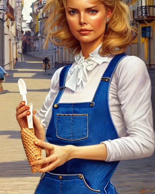 Image similar to portrait of a blonde fuller figured barbara bach from the bond film wearing blue dungarees and eating ice creams in porto, real life skin, intricate, elegant, highly detailed, artstation, concept art, smooth, sharp focus, art by artgerm and greg rutkowski and alphonse mucha