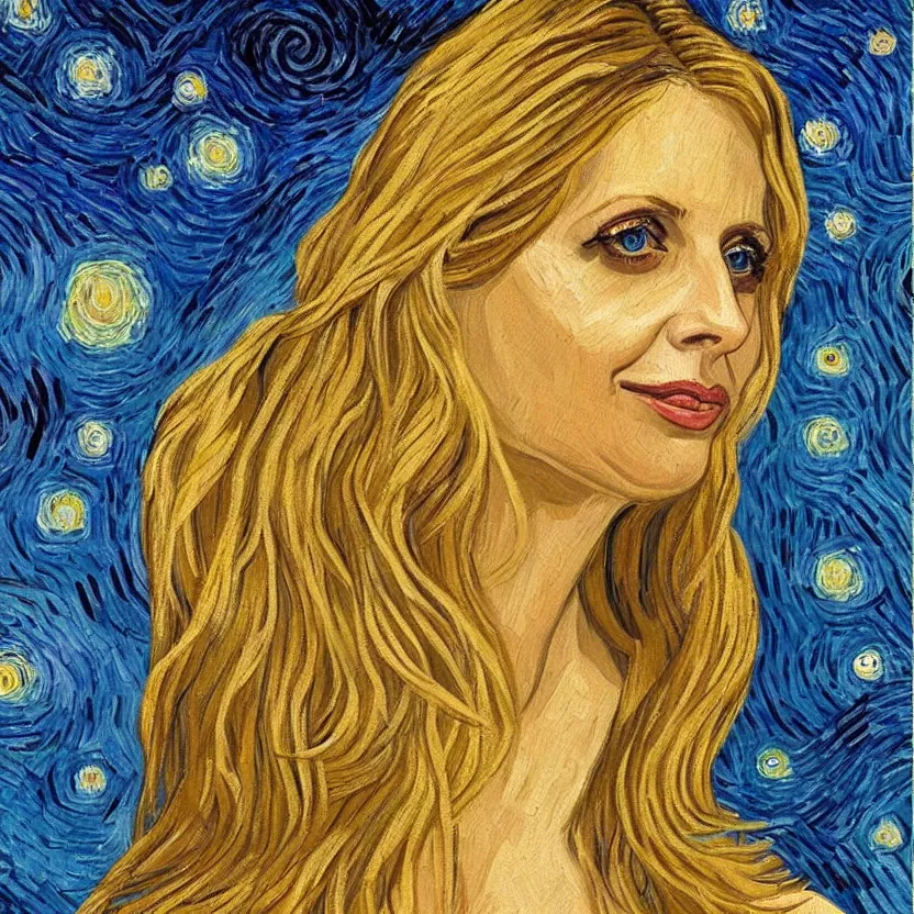 Prompt: An oil painting of Sarah Michelle Gellar in the style of Starry Night by Vincent van Gogh