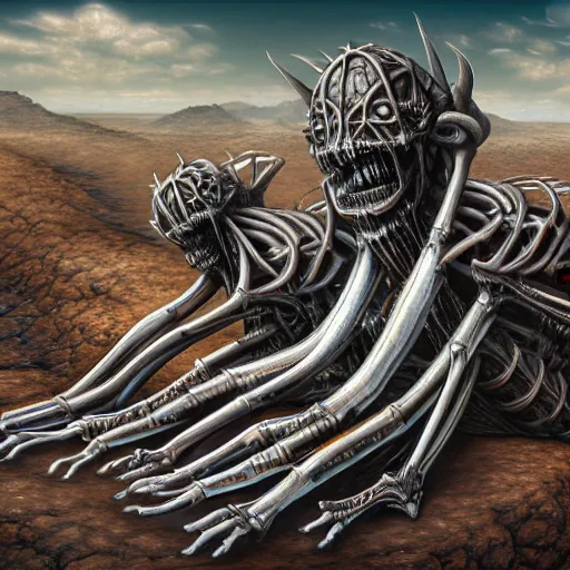 Image similar to conjoined demon twins sitting in a desert by Yoshitaka Amano, by HR Giger, biomechanical, 4k, hyper detailed, hyperrealism, anime, a Broken World, deviantart, artstation