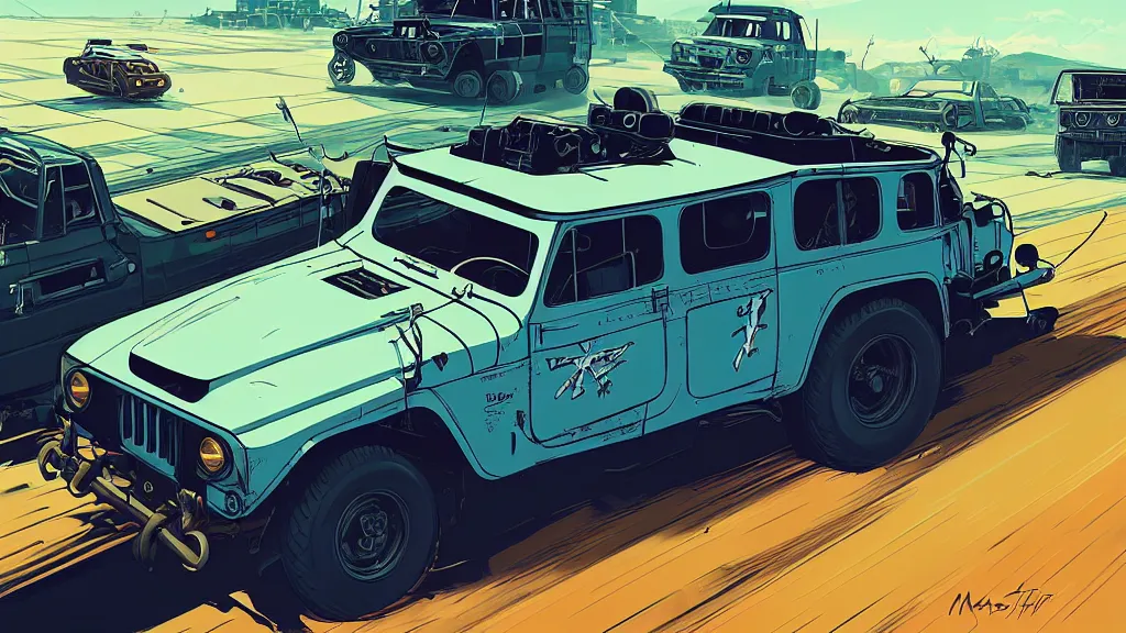 Image similar to digital illustration of mad max's fj 4 0 pursuit special, the last v 8 interceptor driving down a deserted cyberpunk highway in the middle of the day by studio ghibli, anime style year 2 0 9 3, by makoto shinkai, ilya kuvshinov, lois van baarle, rossdraws, basquiat